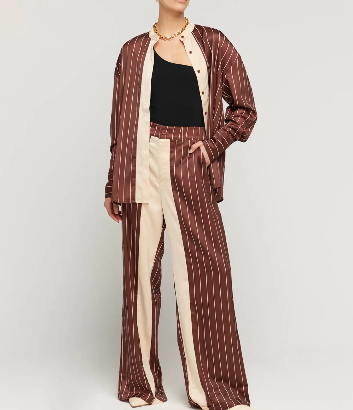 Solaqua Bordeaux Silk Stripe Tailored Pant in Cocoa and Ecru Discount