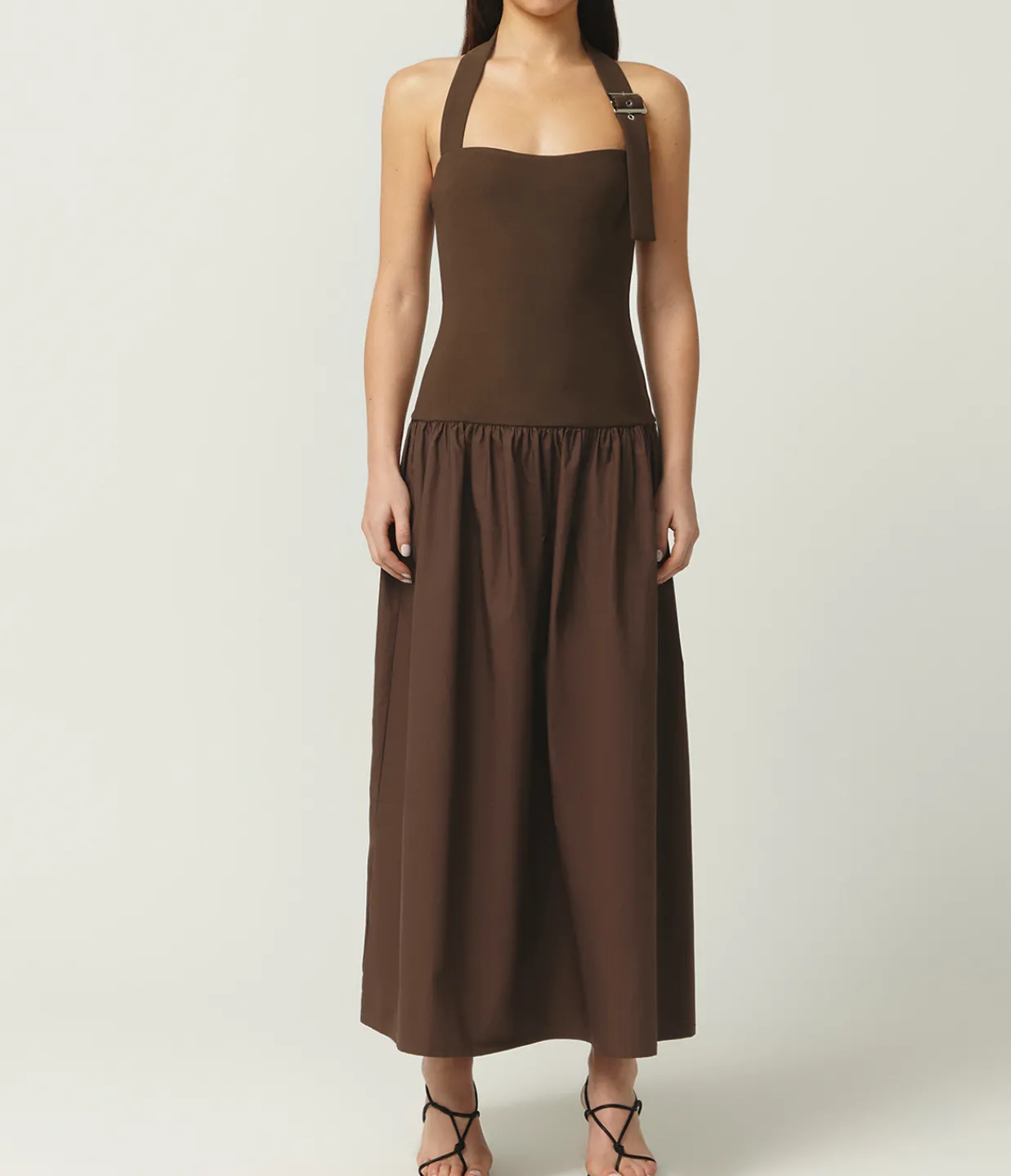 Maison Essentiele Buckle Halter Dress in Chocolate Hot