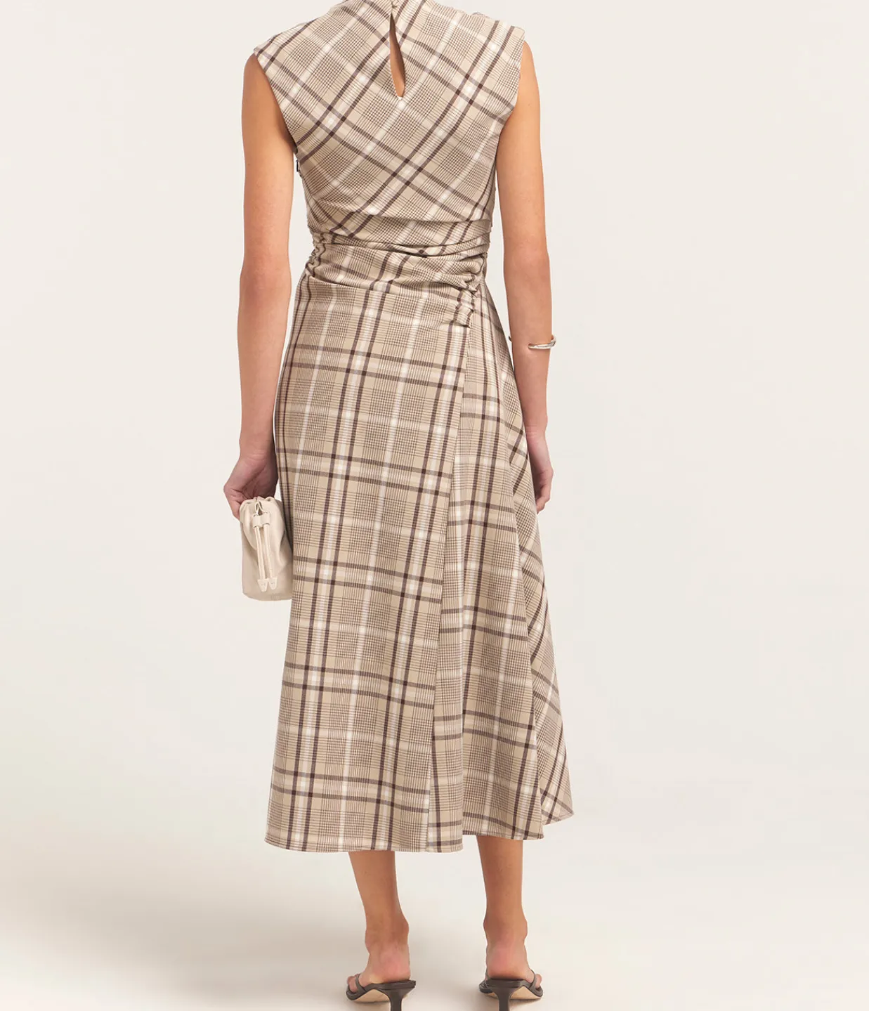 Simkhai Burke Short Sleeve Draped Midi Dress in Sand Plaid Sale
