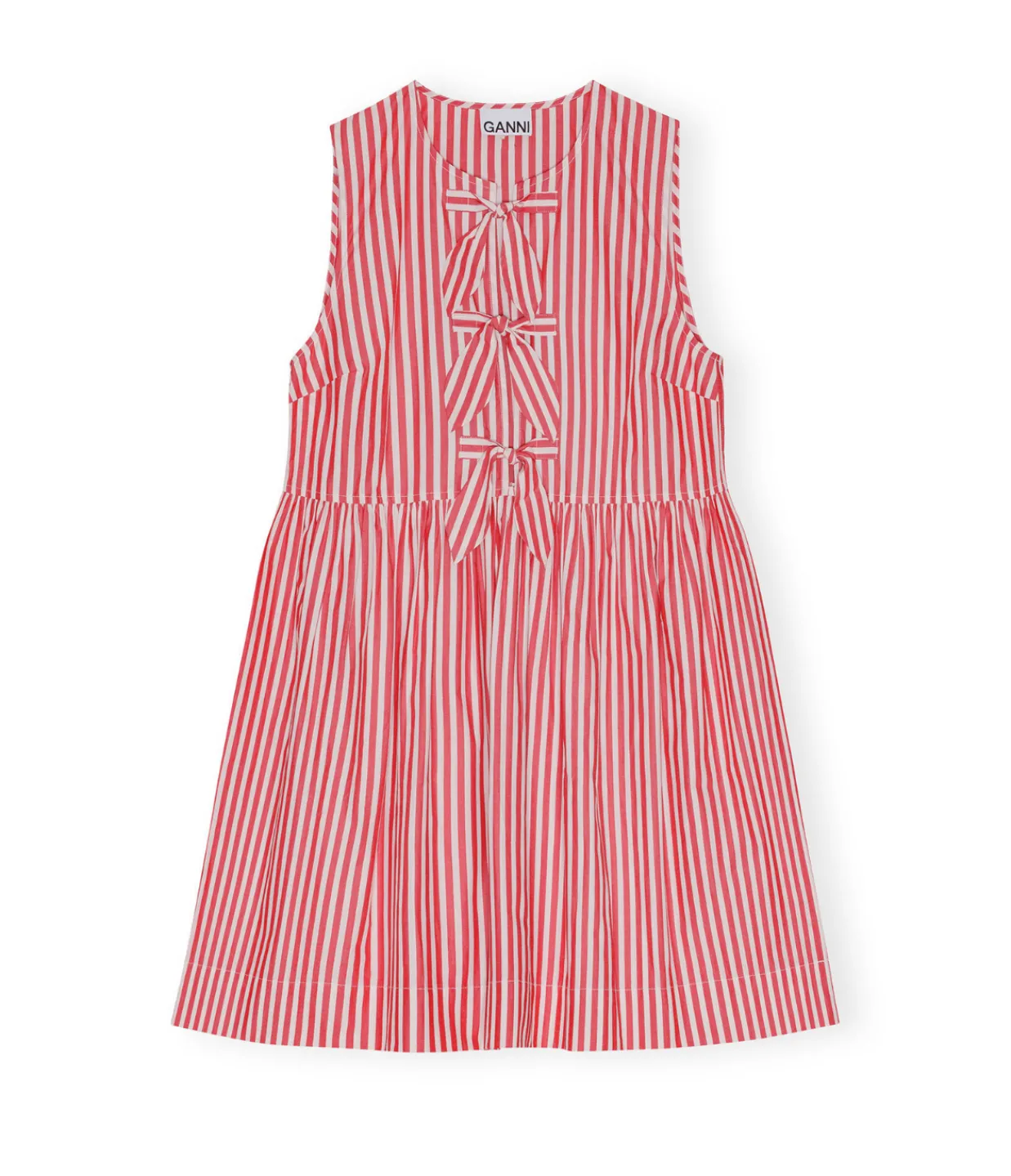 Ganni Cotton Mini Bow Tie Dress in Red and White Stripe New