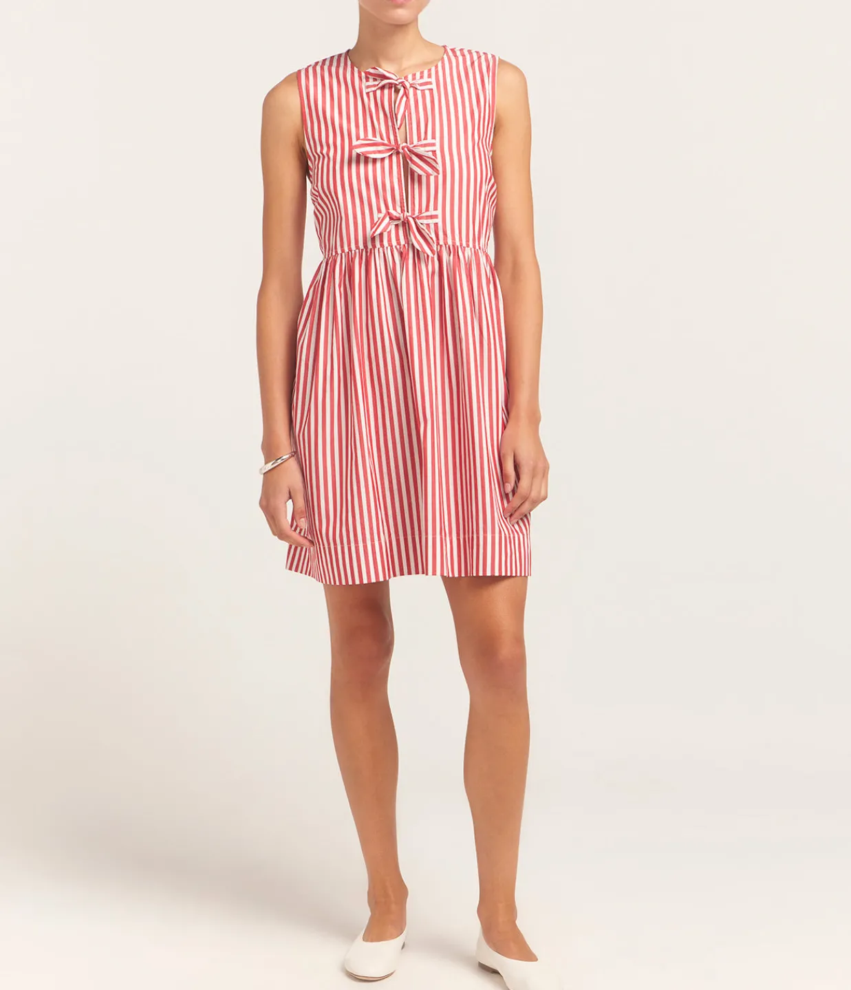 Ganni Cotton Mini Bow Tie Dress in Red and White Stripe New