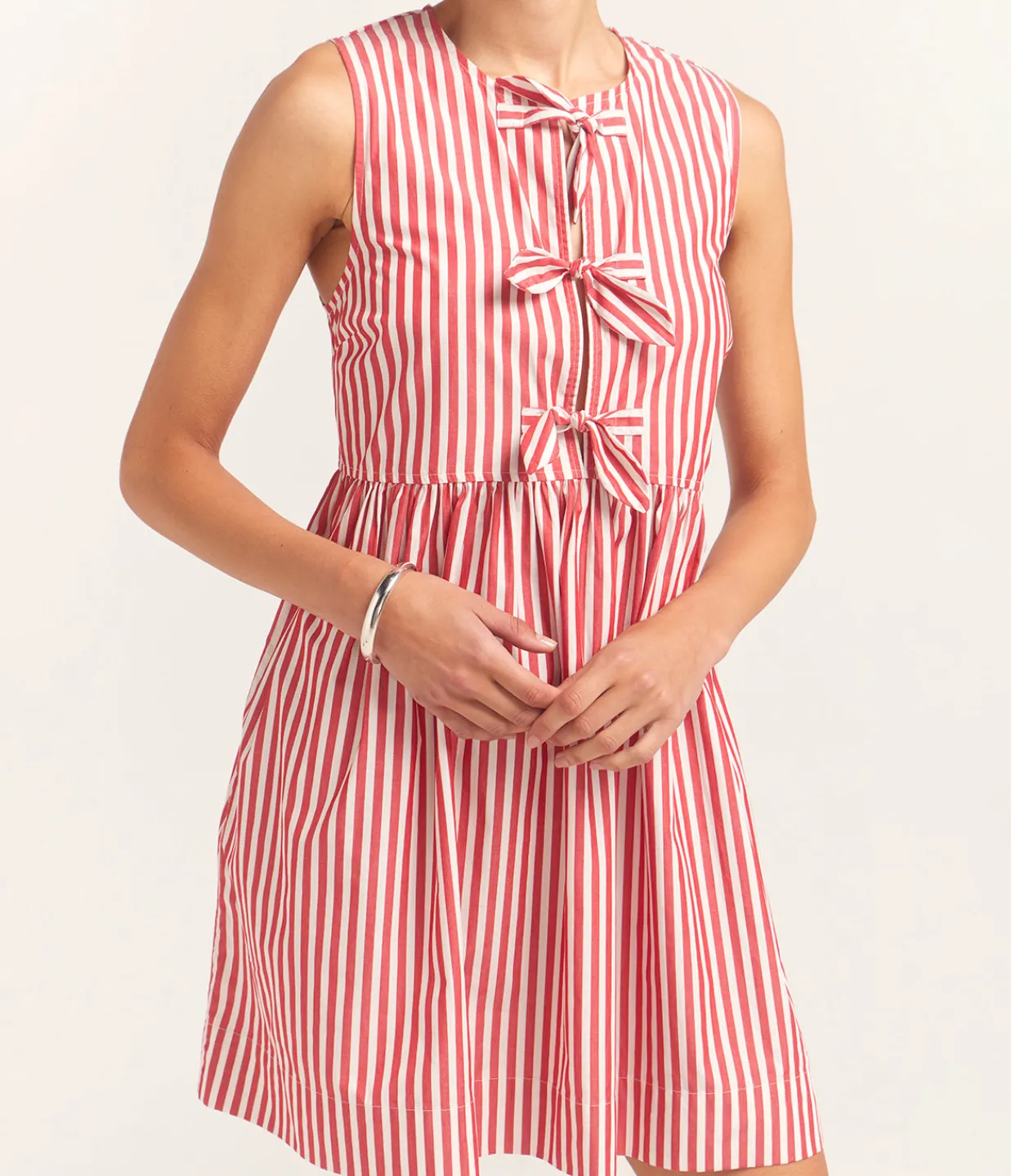 Ganni Cotton Mini Bow Tie Dress in Red and White Stripe New
