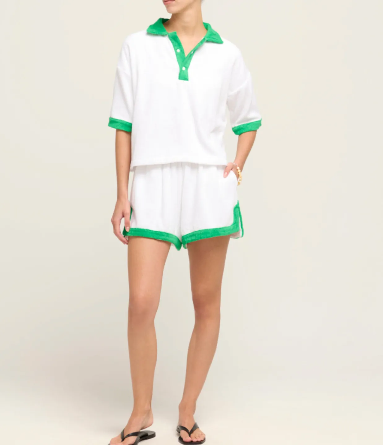 TERRY. Estate Towelling Tee in Bianco with Verde Trim Shop