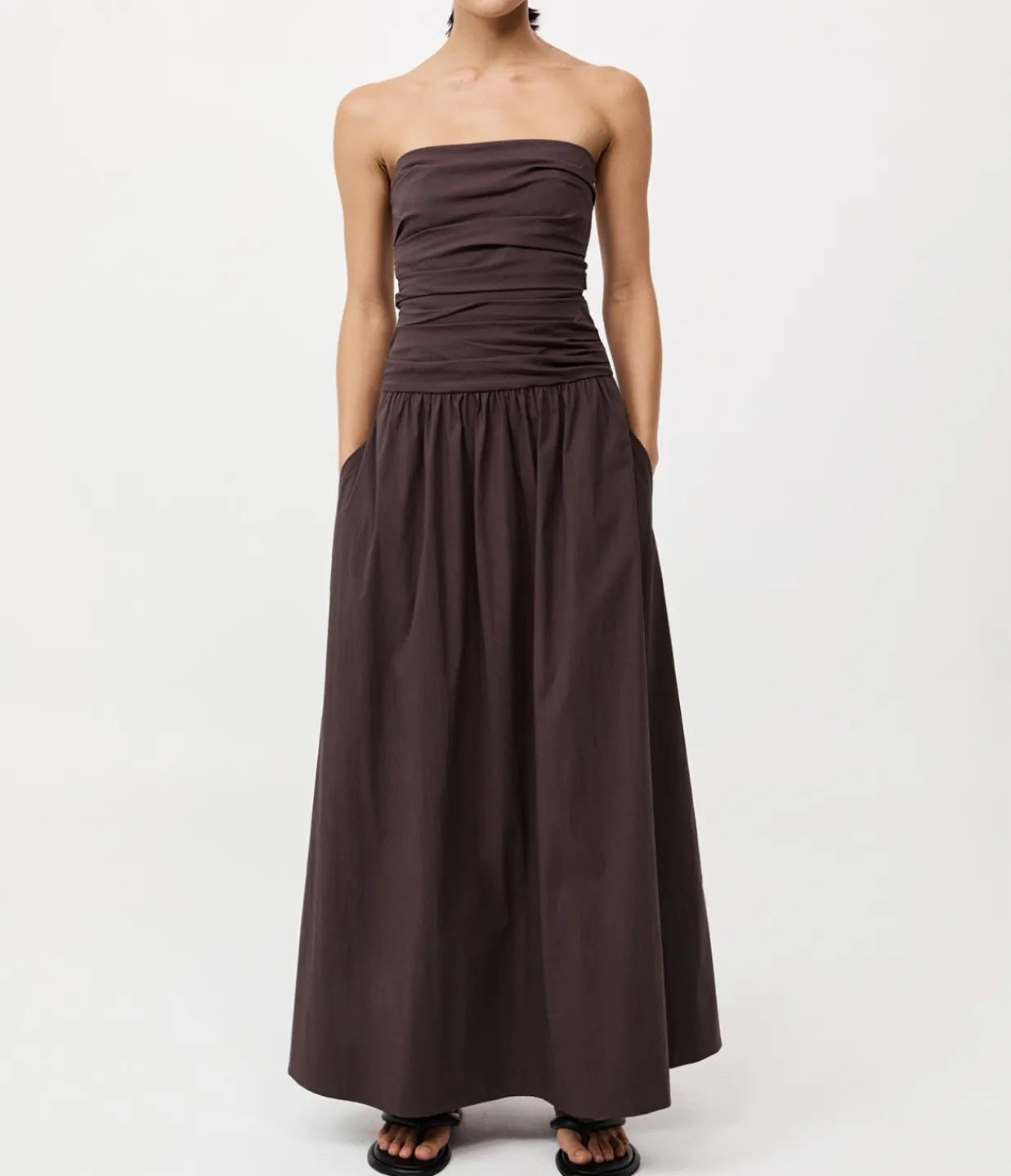 St Agni Gathered Strapless Tie Back Dress in Chocolate Plum Outlet
