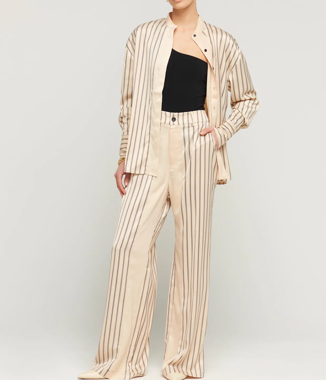 Solaqua Gio Thin Triple Stripe Silk Shirt in Black and Ecru Cheap