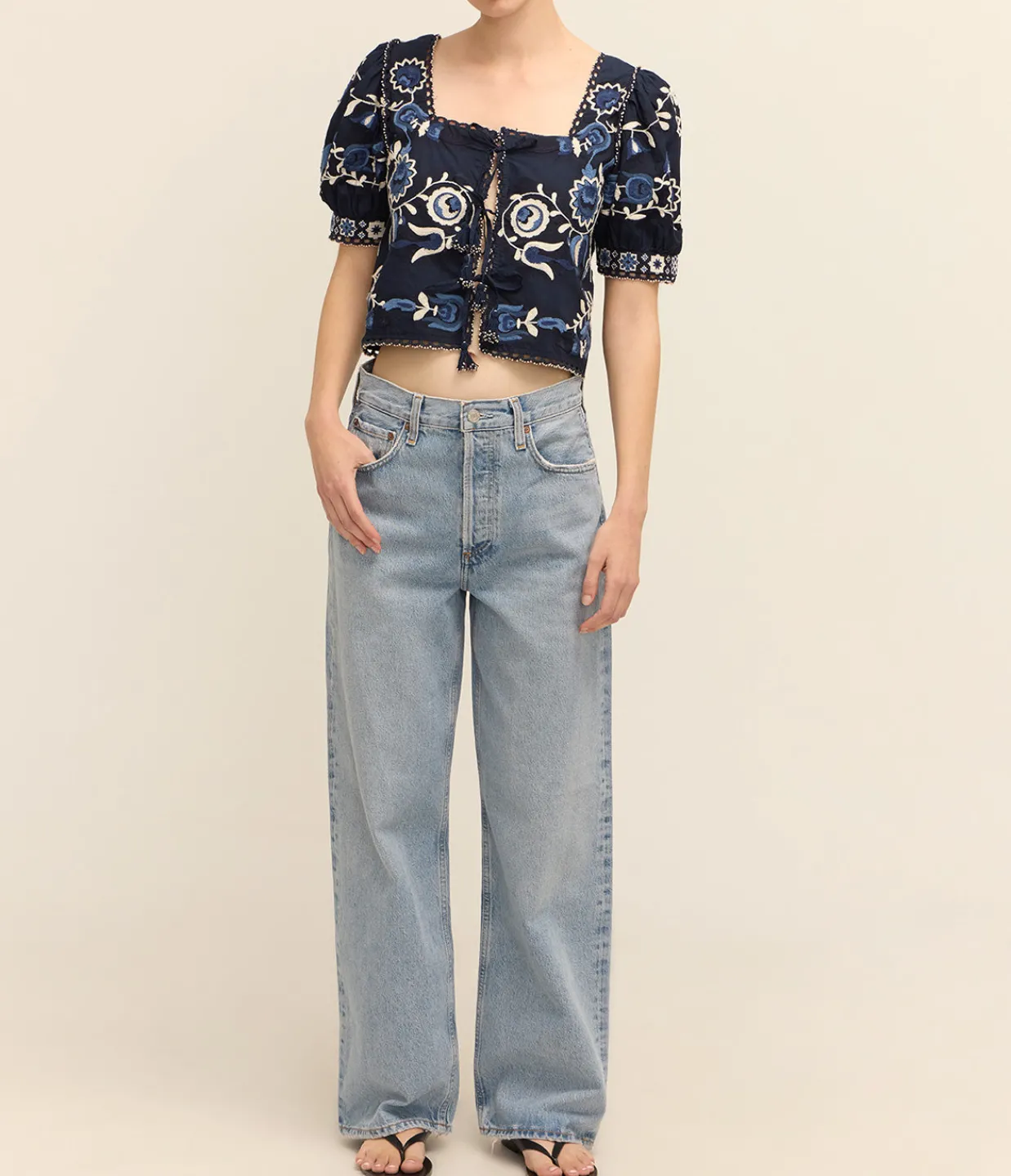 Sea NY Inga Embroidery Puff Sleeve Top in Navy Fashion