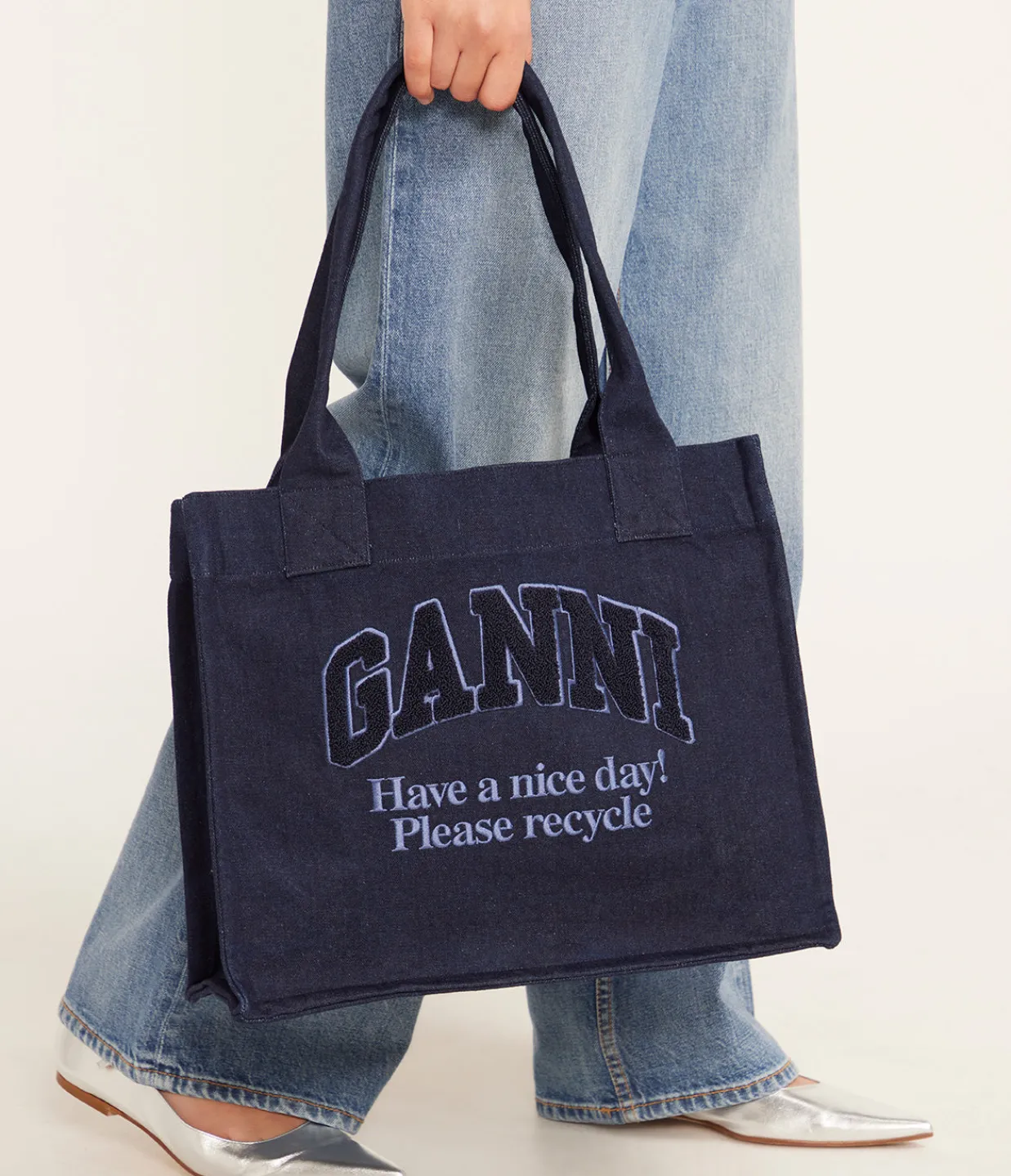 Ganni Large Shopper Bag in Denim Sale