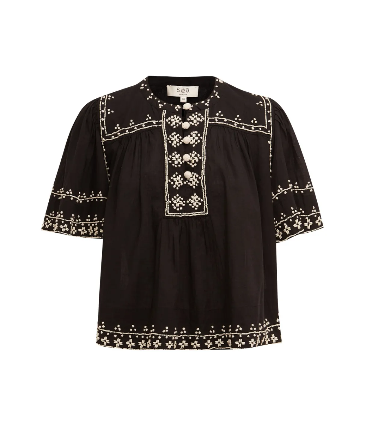 Sea NY Millie Embroidery Short Sleeve Top in Black Flash Sale