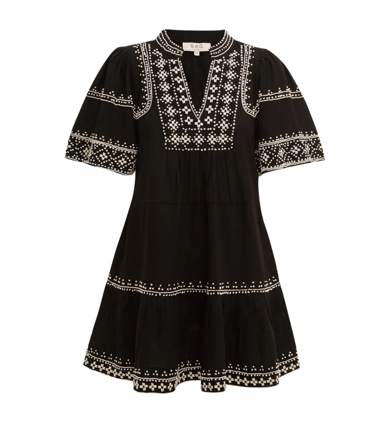 Sea NY Millie Embroidery Short Sleeve Tunic Dress in Black Best