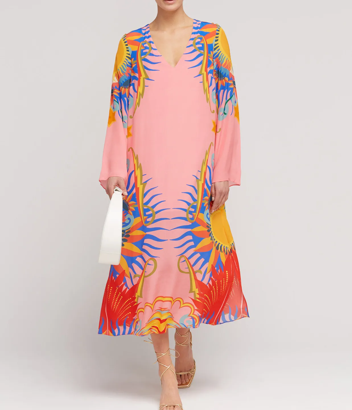 Borgo De Nor Phoenix Silk Crepe V-neck Midi Dress in Sun Goddess Cheap