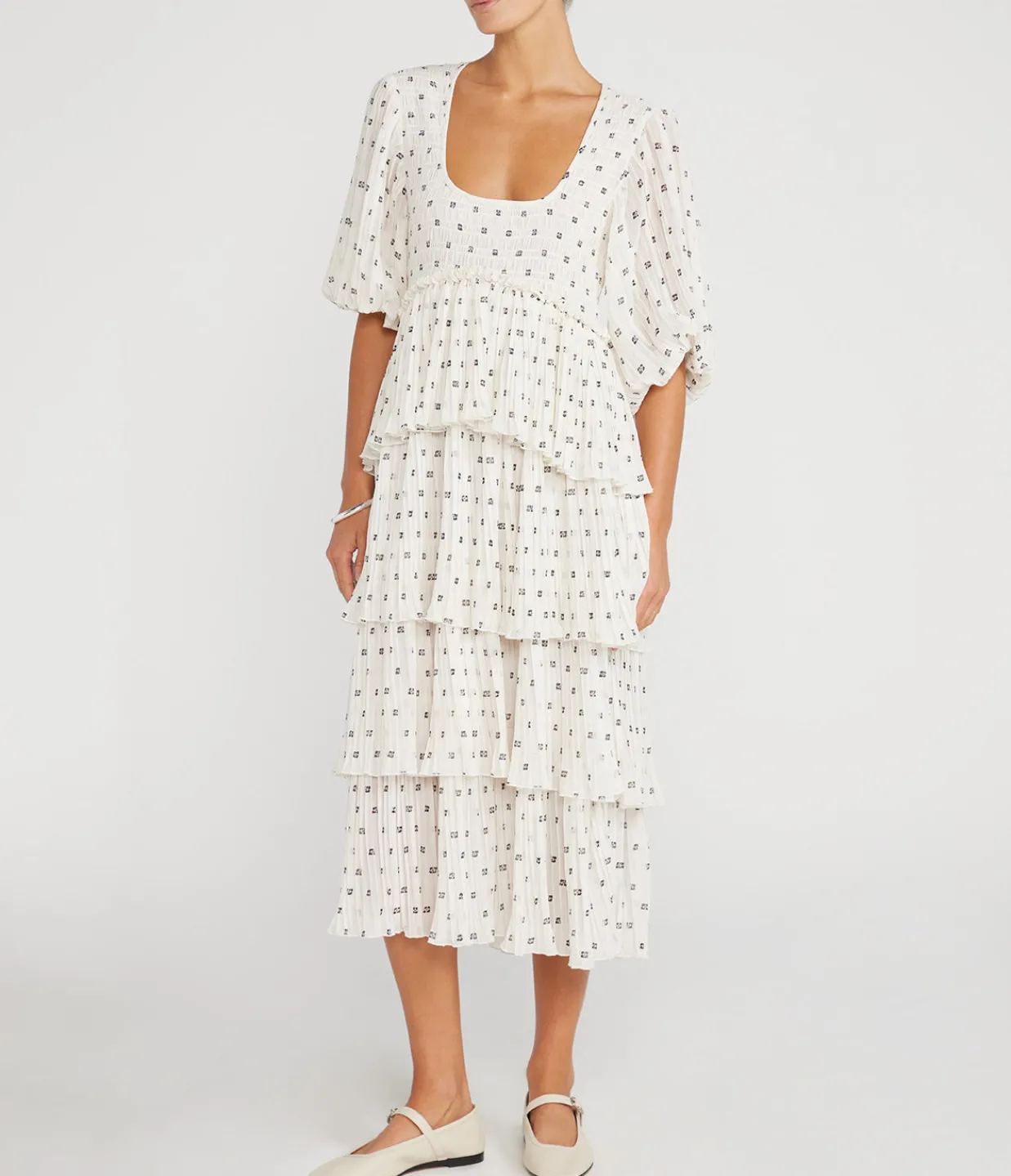 Ganni Pleated Georgette Flounce Midi Dress in Egret Best