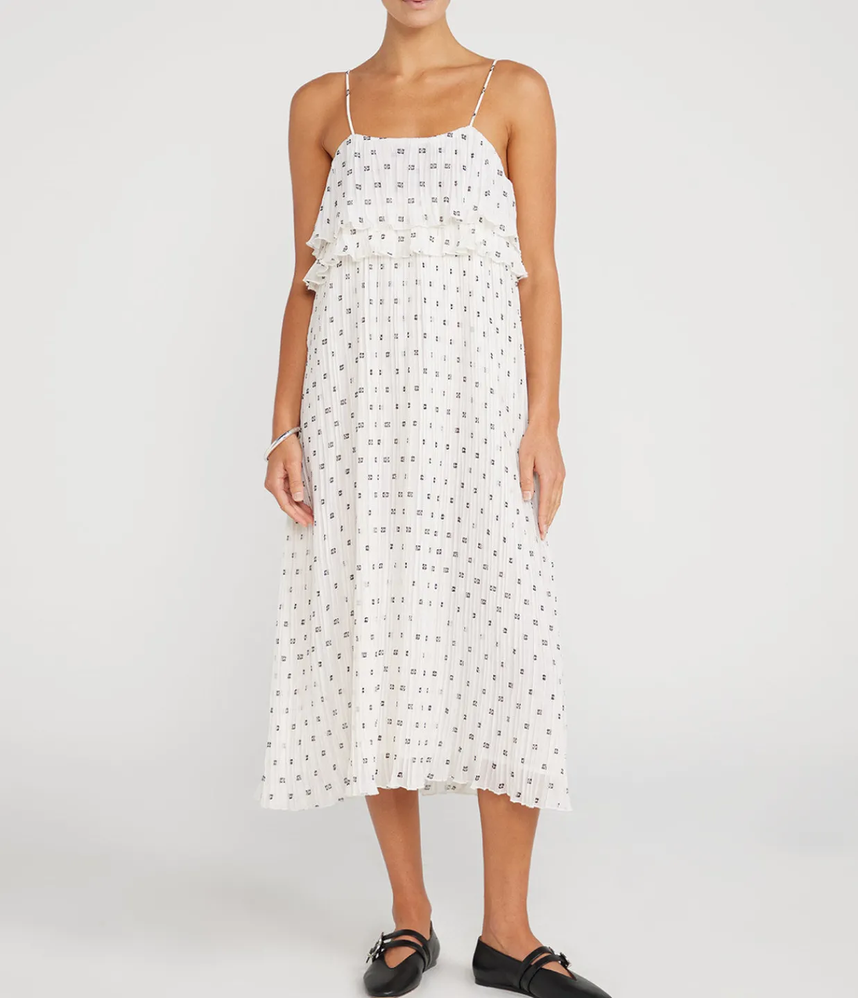 Ganni Pleated Georgette Strap Dress in Egret Outlet