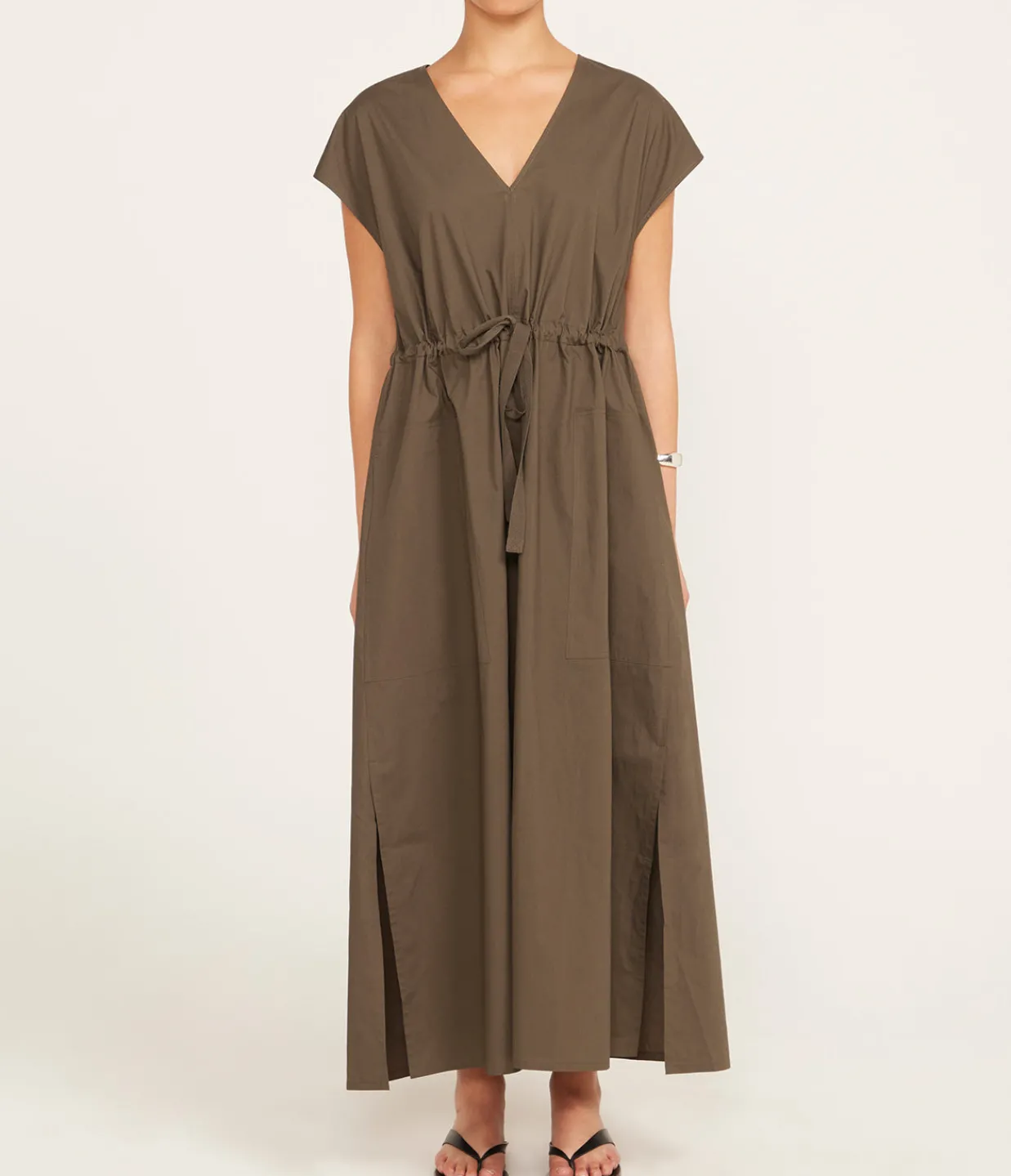 Lee Mathews Poplin V Neck Dress in Olive Outlet