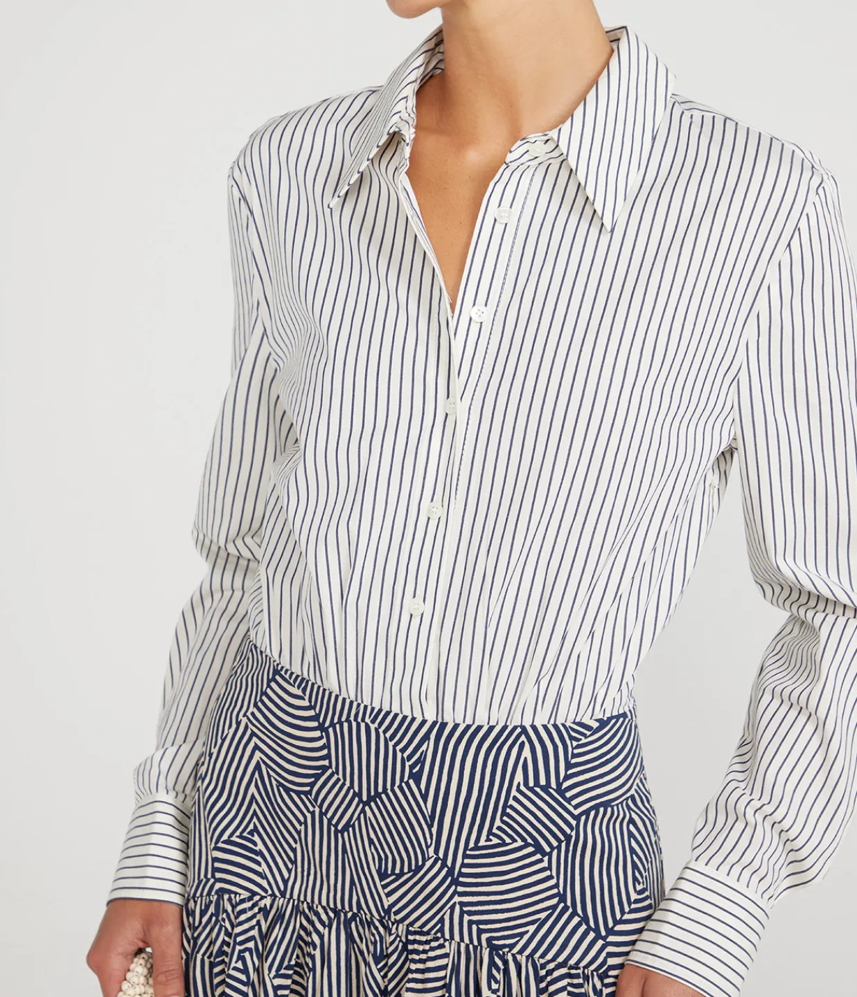 Staud Rocco Long Sleeve Dress in Ivory Micro Stripe and Navy Mosaic New