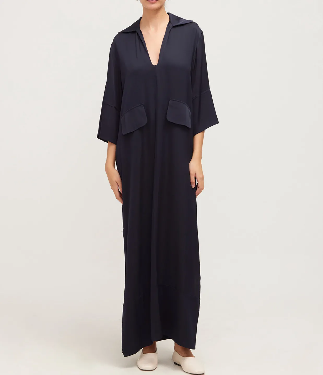 Allude Serafino V-Neck Silk Dress in Navy Clearance
