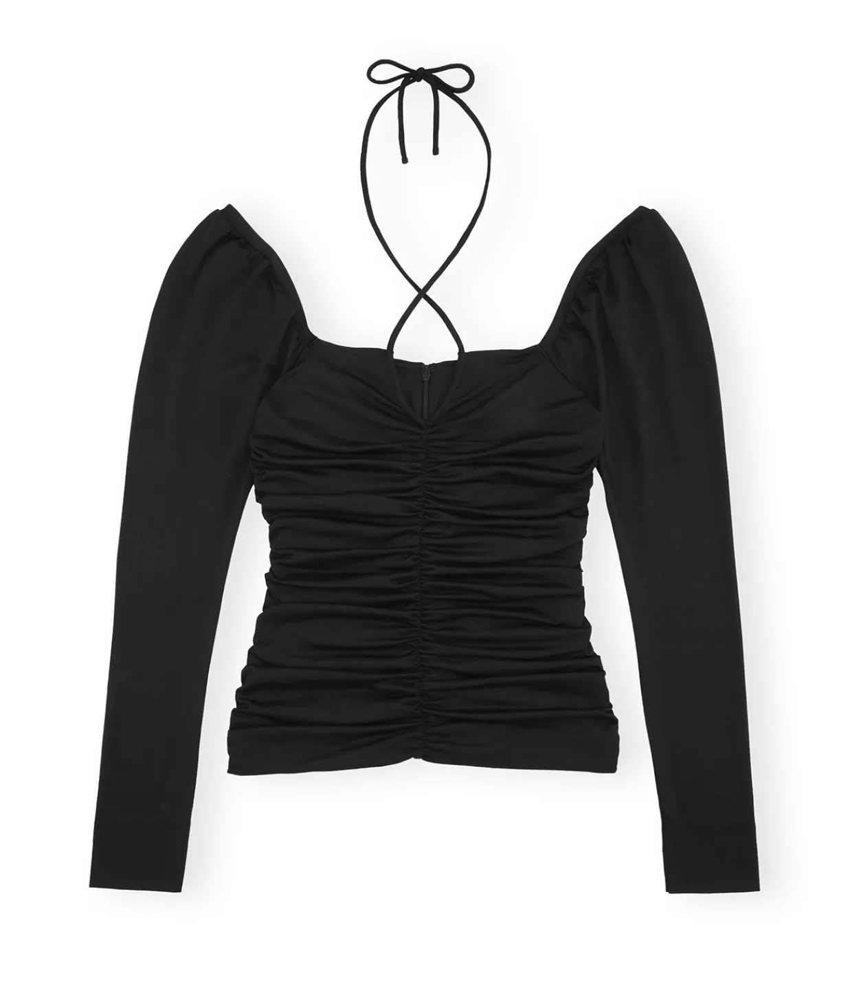 Ganni Shiny Crepe Jersey Ruched Blouse in Black Clearance