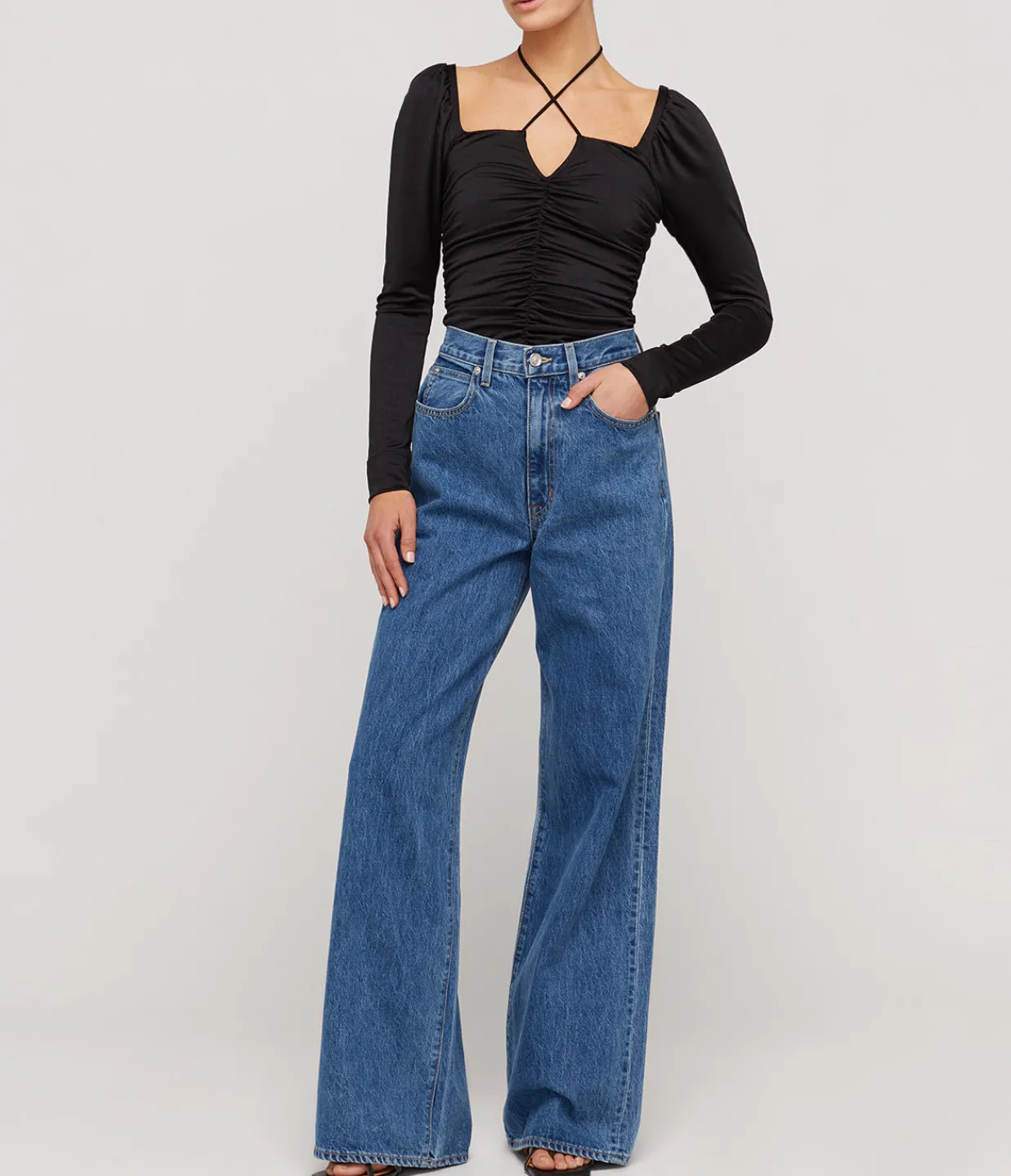 Ganni Shiny Crepe Jersey Ruched Blouse in Black Clearance