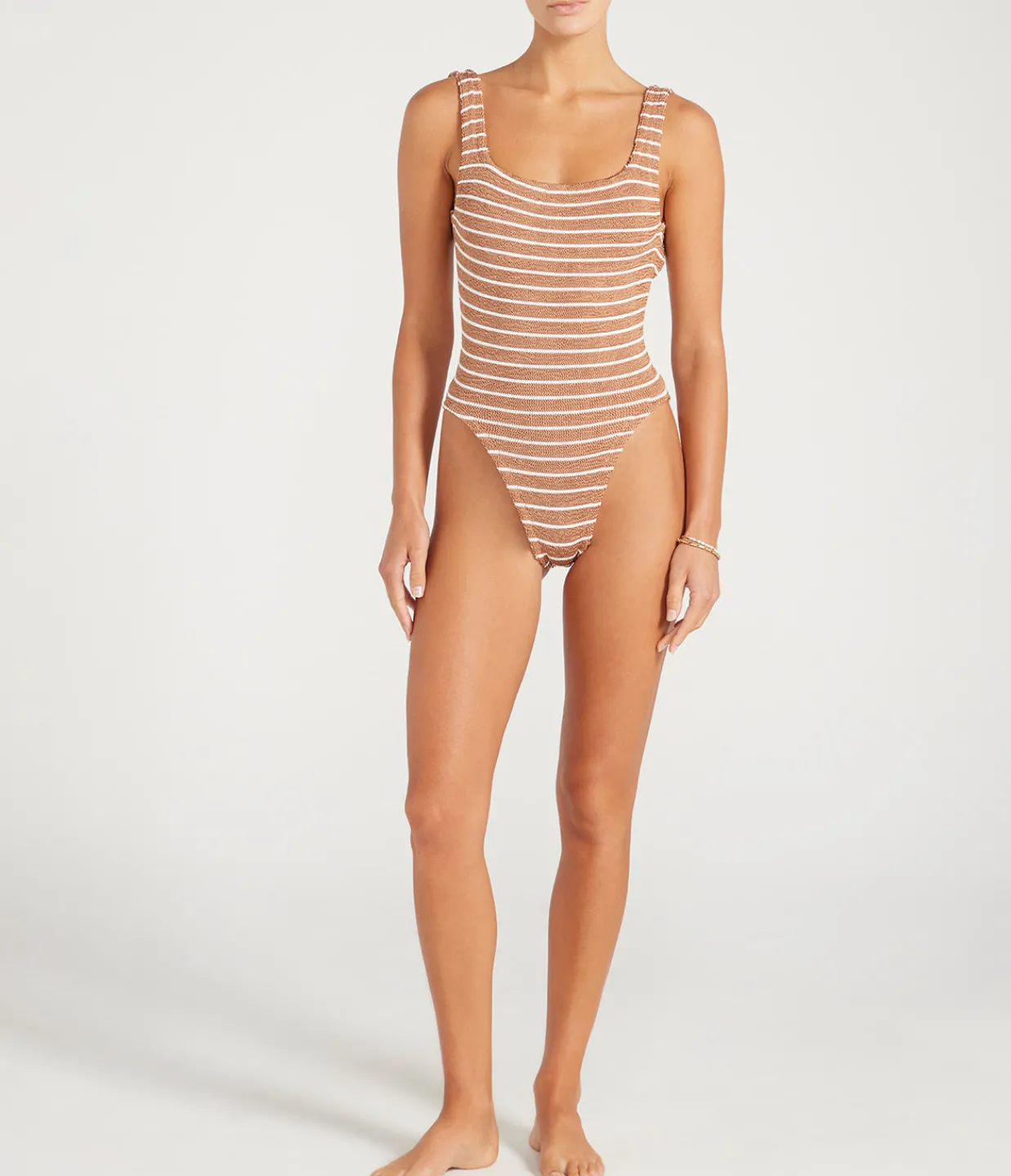 Hunza G Square Neck Striped Swimsuit in Metallic Cocoa and White Hot