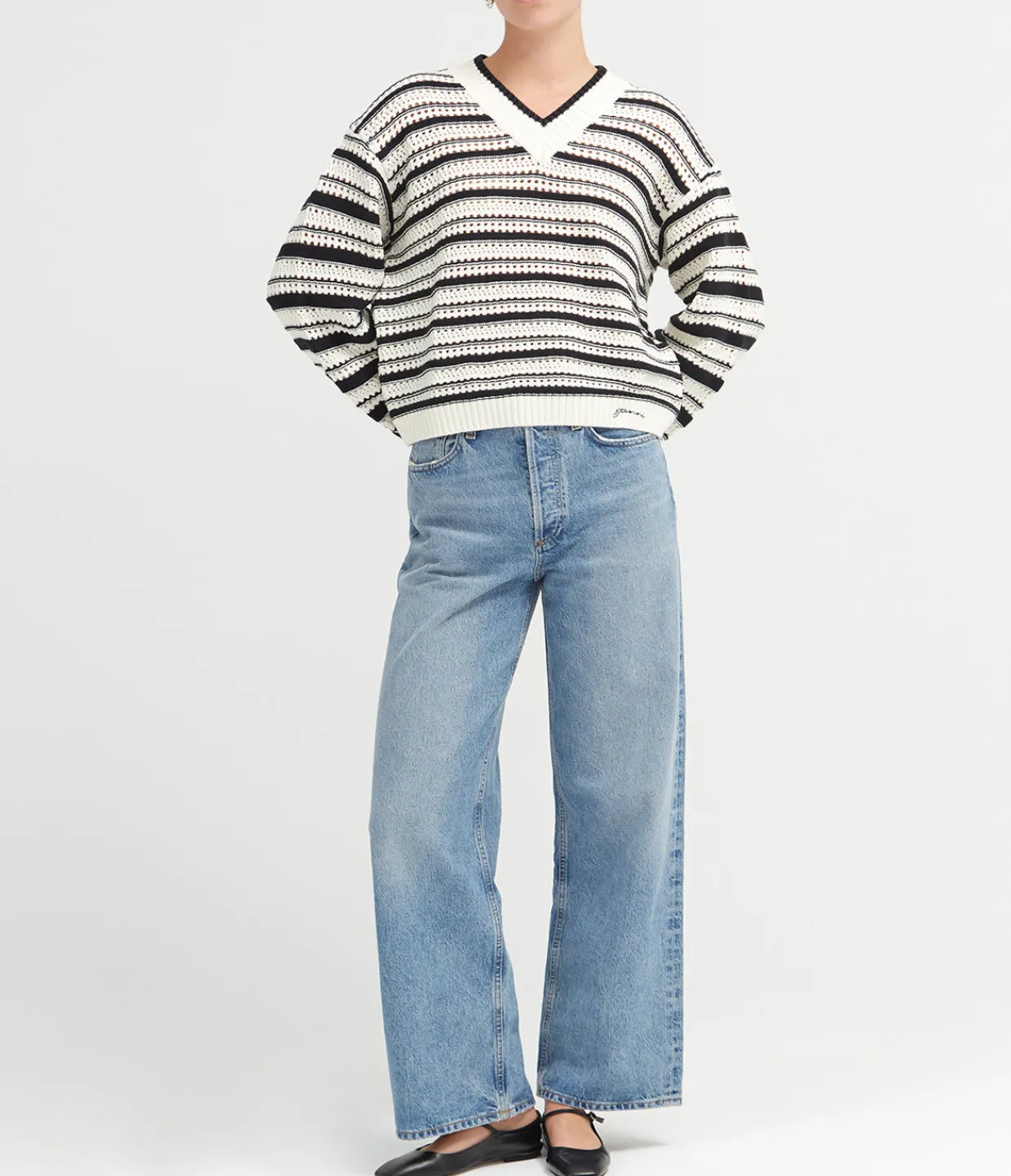 Ganni Striped Cotton Pointelle V-neck Cheap