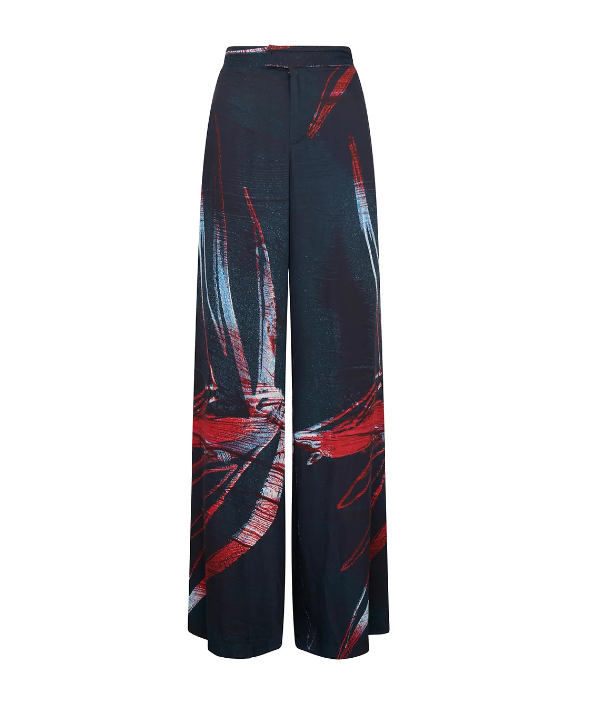 Louisa Ballou Wide Leg Silk Satin Pant in Red Silver Flower Shop