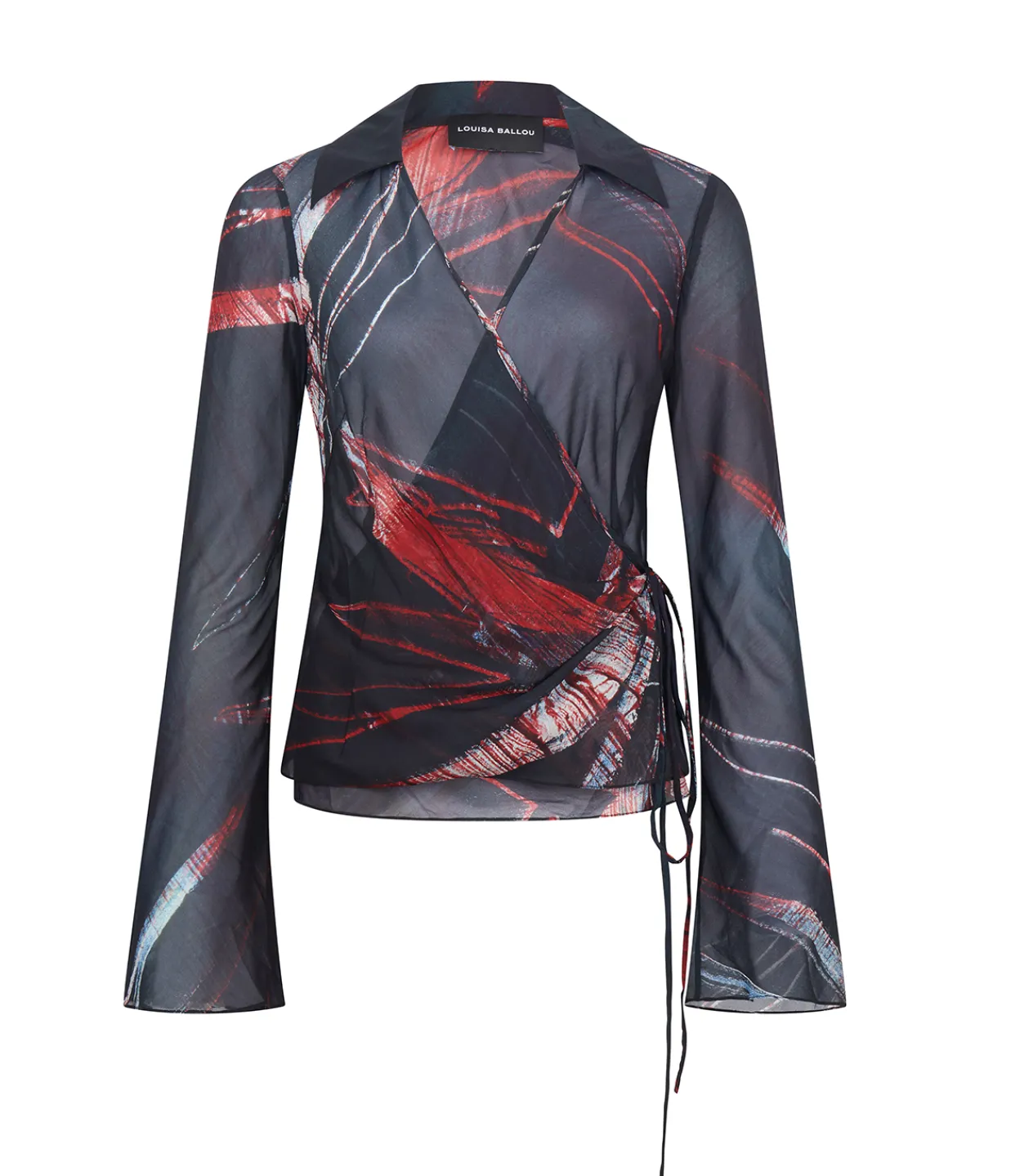 Louisa Ballou Wrap Silk Shirt in Red Silver Flower Clearance