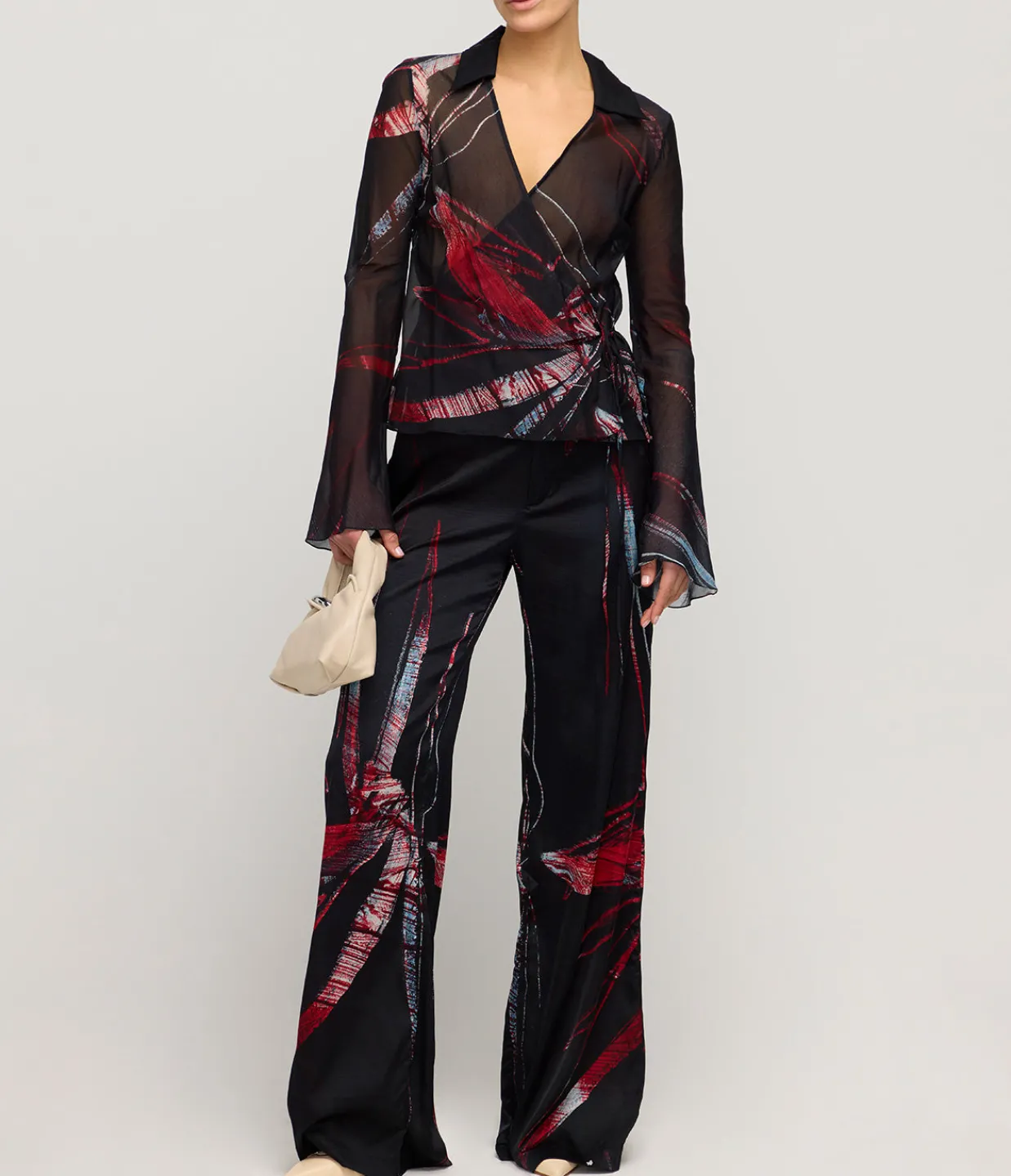 Louisa Ballou Wrap Silk Shirt in Red Silver Flower Clearance